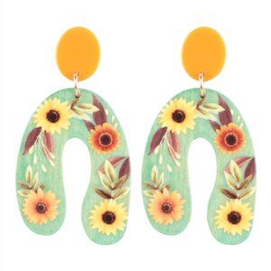 Arch Sunflower Wood Post Dangle Earrings